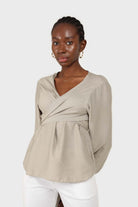 Khaki wrap tie waist cropped blouse_1