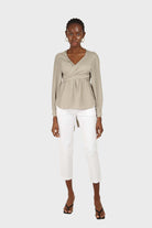 Khaki wrap tie waist cropped blouse_3