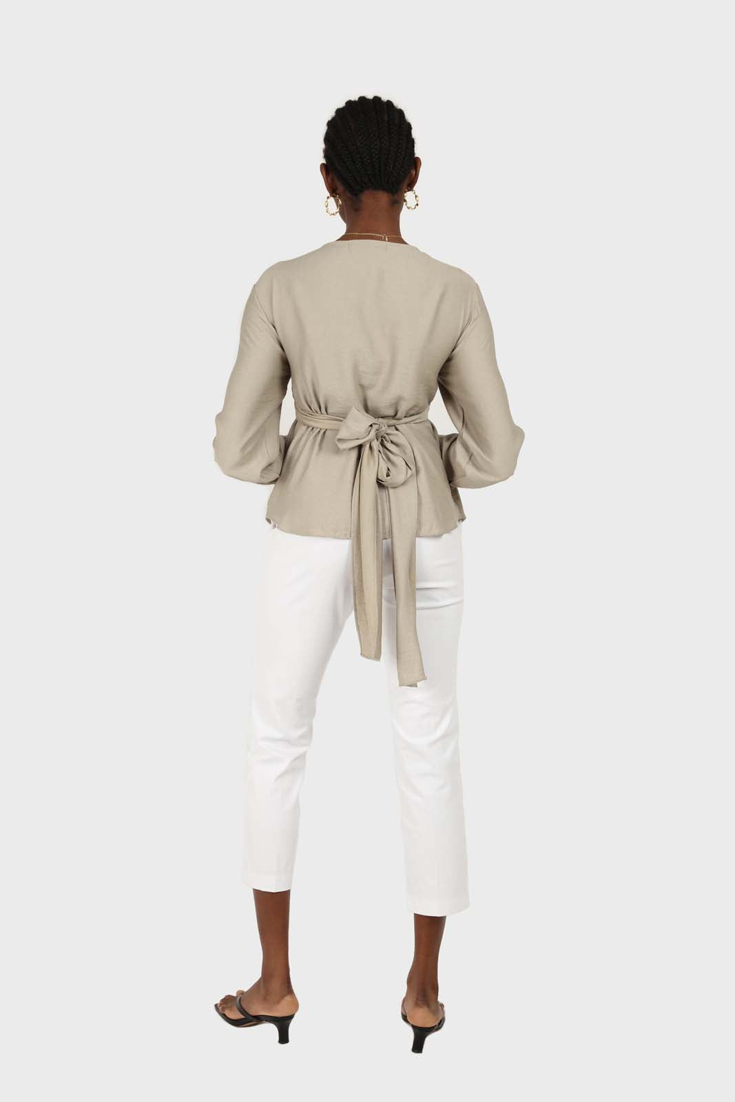 Khaki wrap tie waist cropped blouse_4
