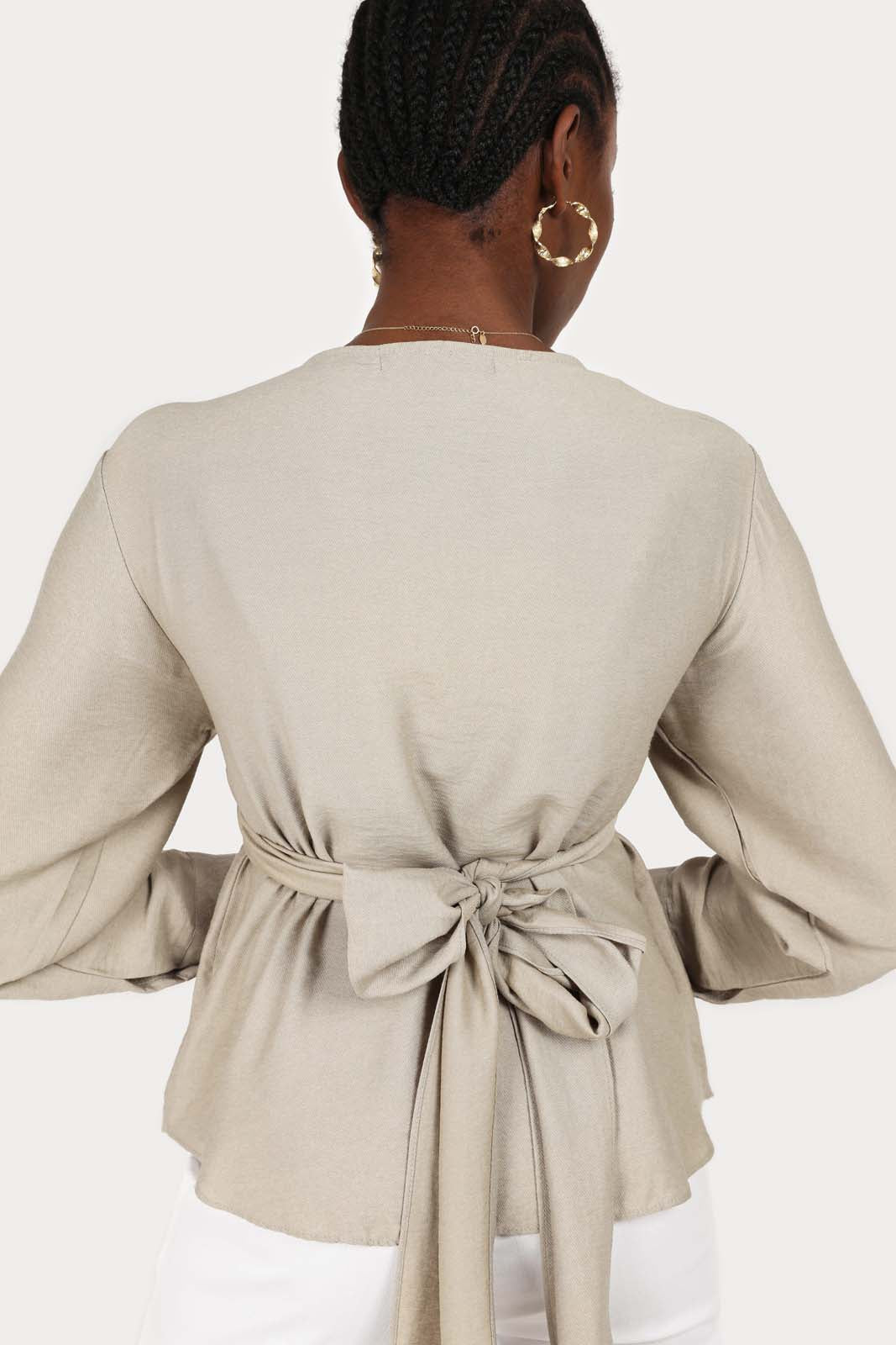 Khaki wrap tie waist cropped blouse_5