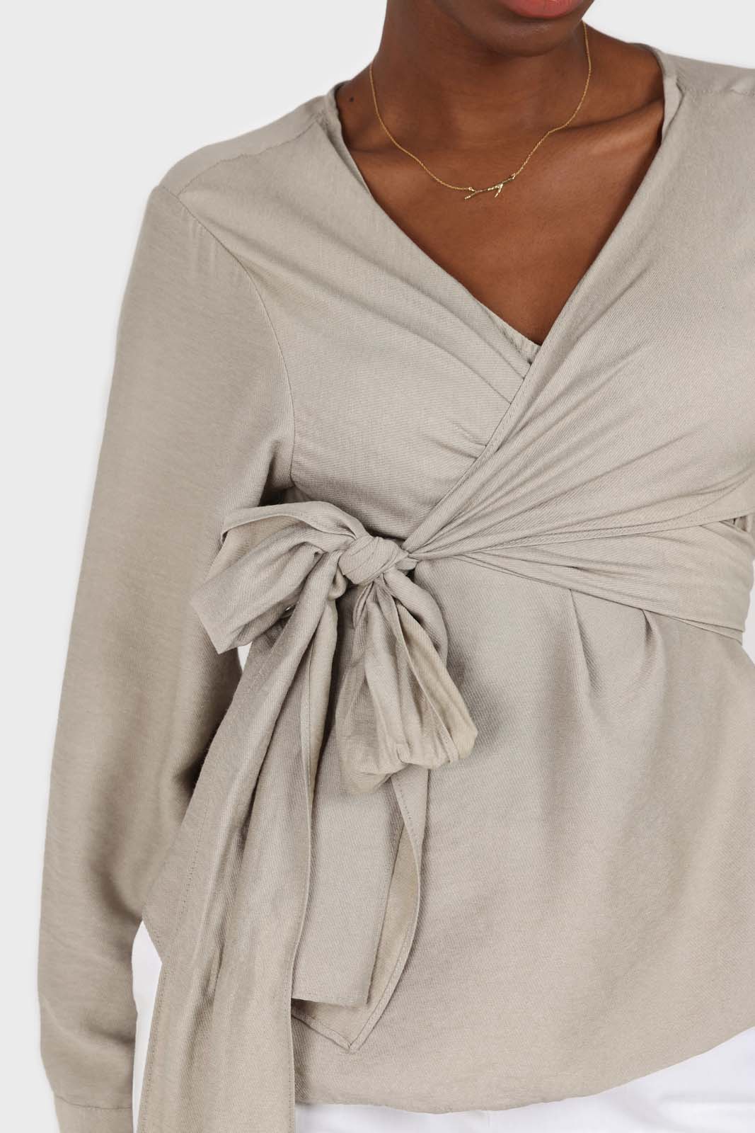 Khaki wrap tie waist cropped blouse_6
