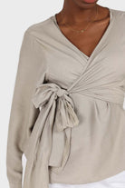 Khaki wrap tie waist cropped blouse_6