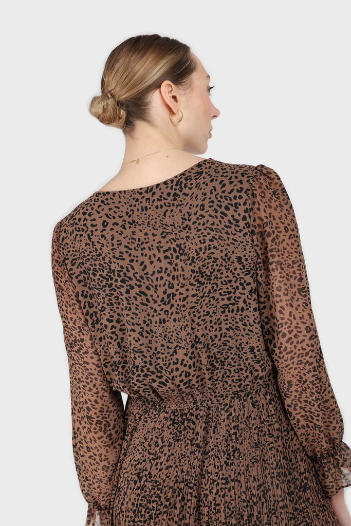 Camel animal print silky micro pleat long sleeved maxi dress_5