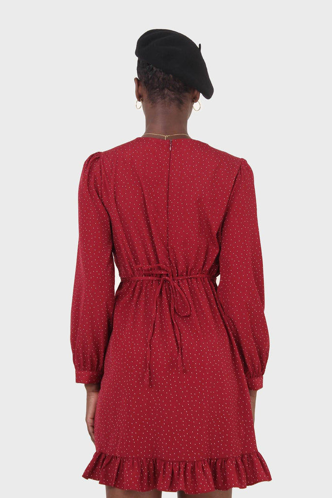 Red polka dot wrap front long sleeved mini dress_2
