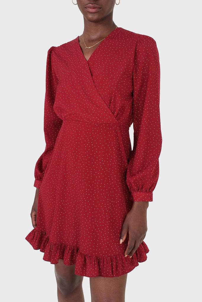 Red polka dot wrap front long sleeved mini dress_6