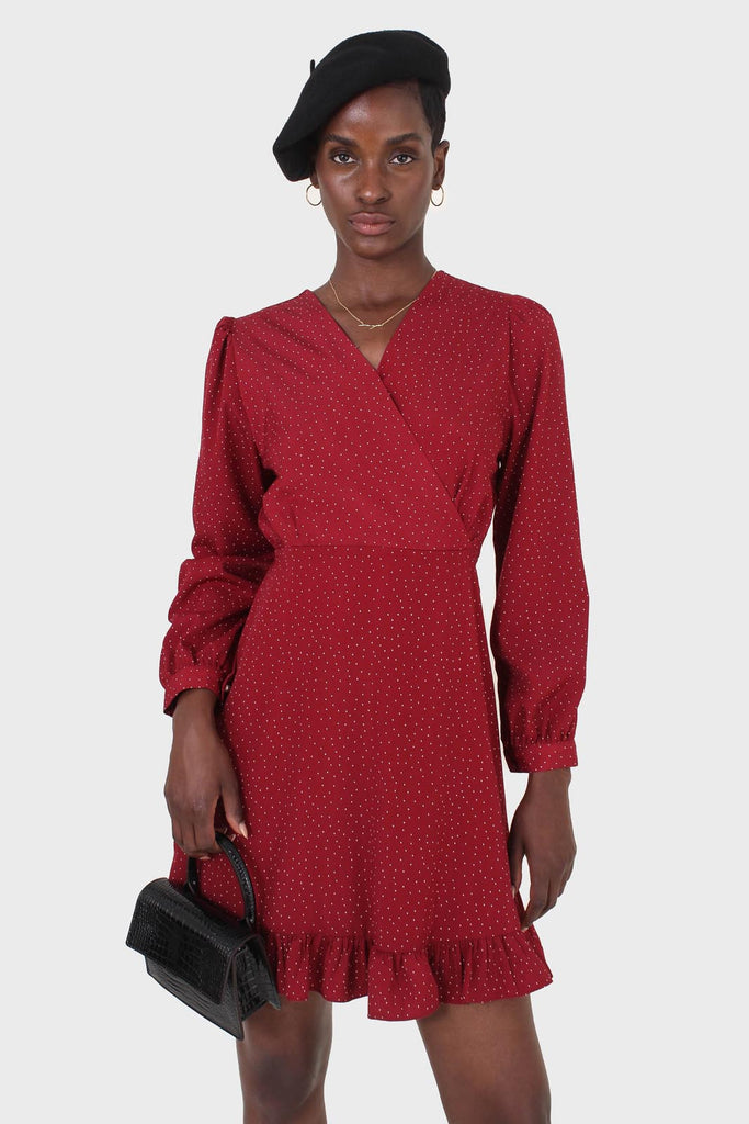 Red polka dot wrap front long sleeved mini dress_1