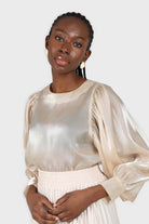 Champagne metallic balloon sleeve silky top_1