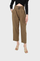 Khaki tuck belted loose fit trousers_1