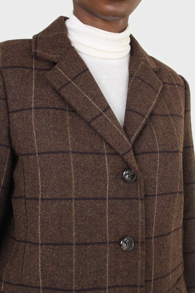 Brown large plaid wool belted half coat_2