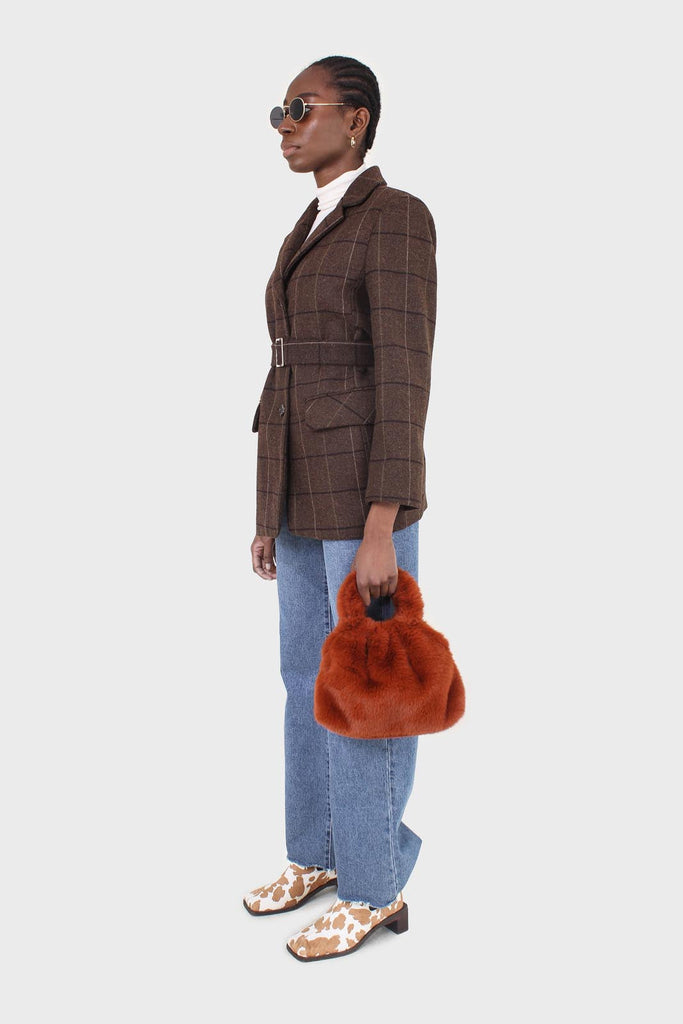 Brown large plaid wool belted half coat_4
