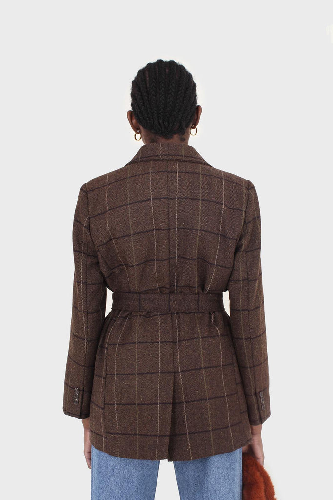Brown large plaid wool belted half coat_6