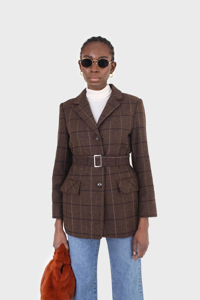 Brown large plaid wool belted half coat_7