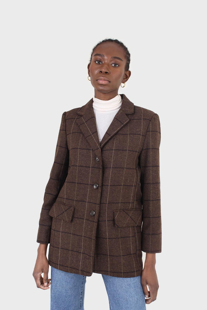 Brown large plaid wool belted half coat_10