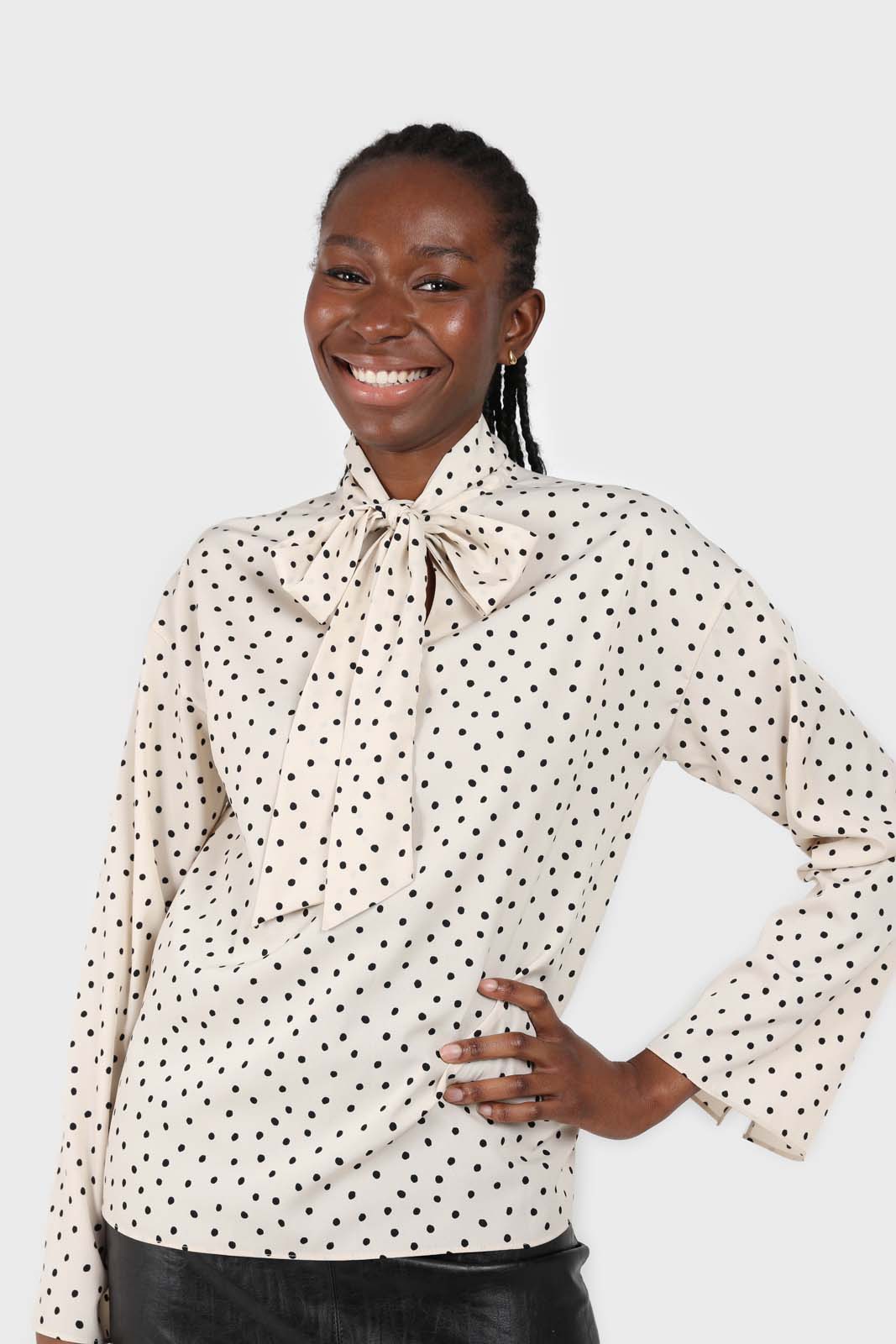 Ivory and black polka dots tie neck blouse_5