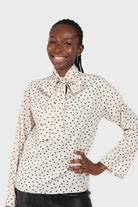 Ivory and black polka dots tie neck blouse_5