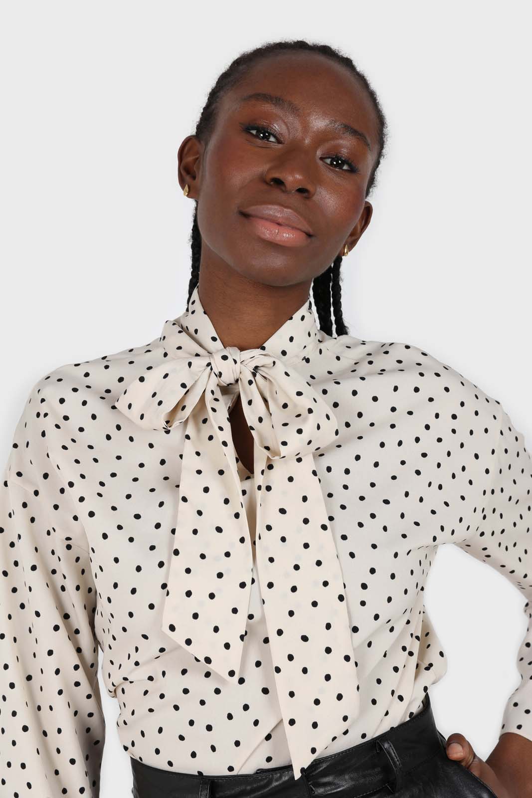 Ivory and black polka dots tie neck blouse_1