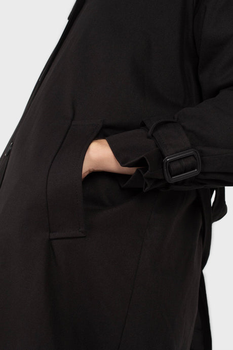 Black faux fur collar lined trench coat_5
