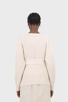 Ivory ribbed belted dark button half cardigan_7