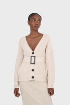 Ivory ribbed belted dark button half cardigan_6