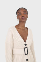 Ivory ribbed belted dark button half cardigan_8