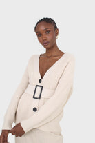 Ivory ribbed belted dark button half cardigan_10