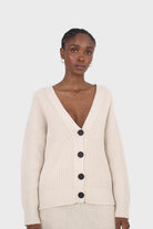 Ivory ribbed belted dark button half cardigan_9