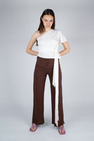 Brown and ivory contrast stitch flare trousers_3