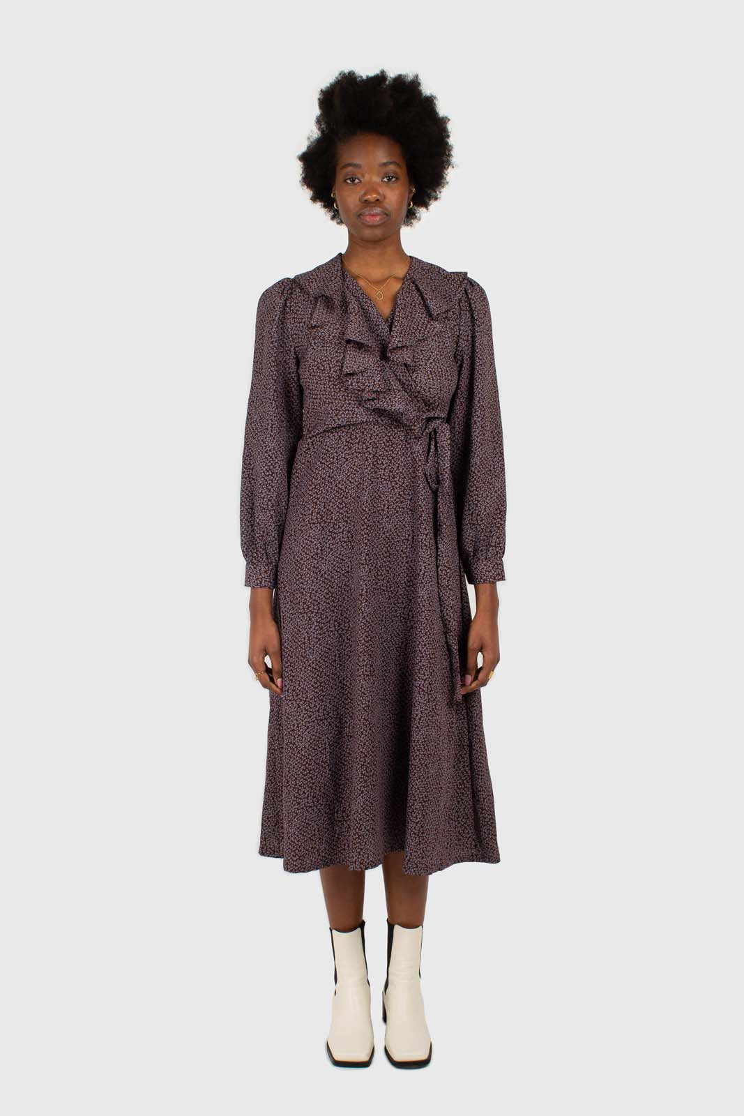 Brown and blue floral ruffle v-neck long sleeved maxi dress_1