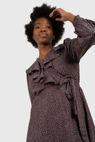 Brown and blue floral ruffle v-neck long sleeved maxi dress_2