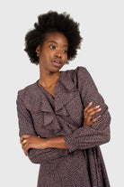 Brown and blue floral ruffle v-neck long sleeved maxi dress_6