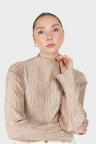 Beige shiny wrinkle mock neck long sleeved top_1