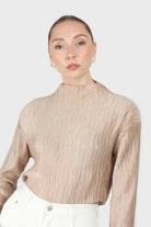 Beige shiny wrinkle mock neck long sleeved top_3