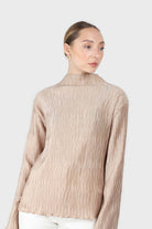 Beige shiny wrinkle mock neck long sleeved top_6