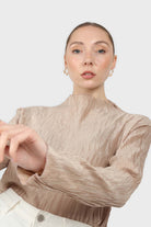 Beige shiny wrinkle mock neck long sleeved top_4