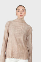 Beige shiny wrinkle mock neck long sleeved top_5