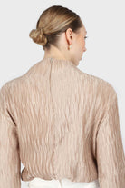 Beige shiny wrinkle mock neck long sleeved top_2
