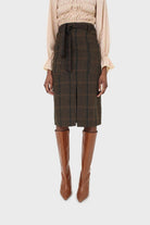Khaki check belted wool midi skirt_1