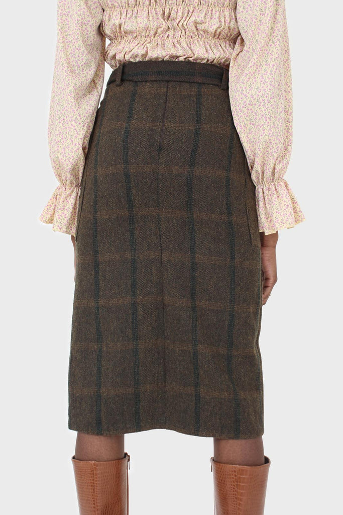 Khaki check belted wool midi skirt_3