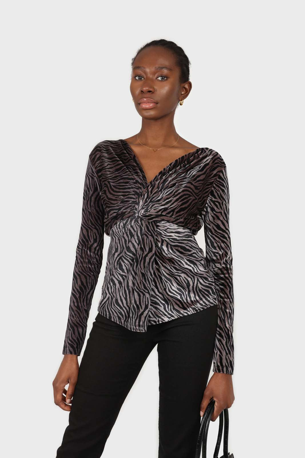 Grey and black zebra twist front off shoulder top_1