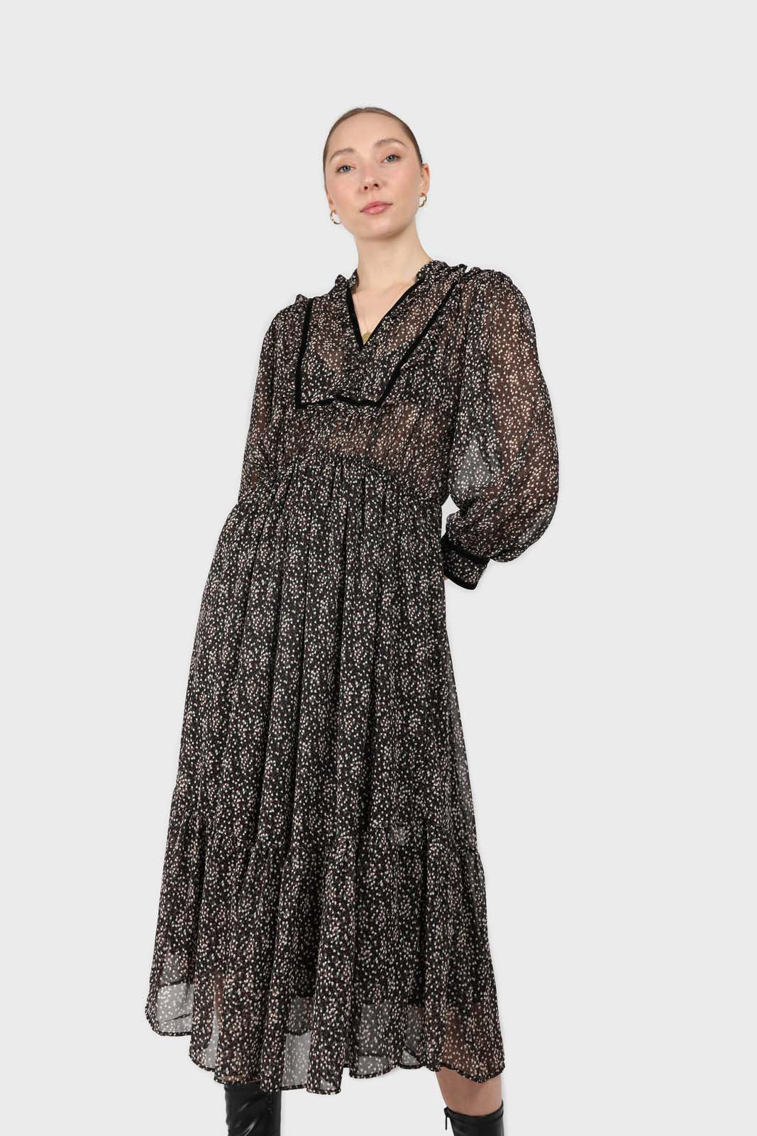 Black chiffon velvet trim floral maxi dress_1