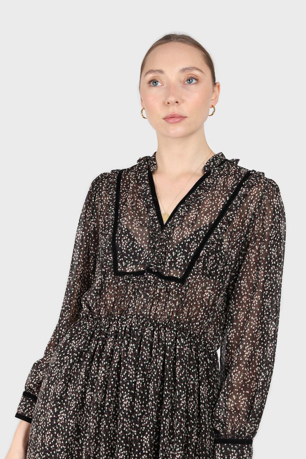 Black chiffon velvet trim floral maxi dress_2