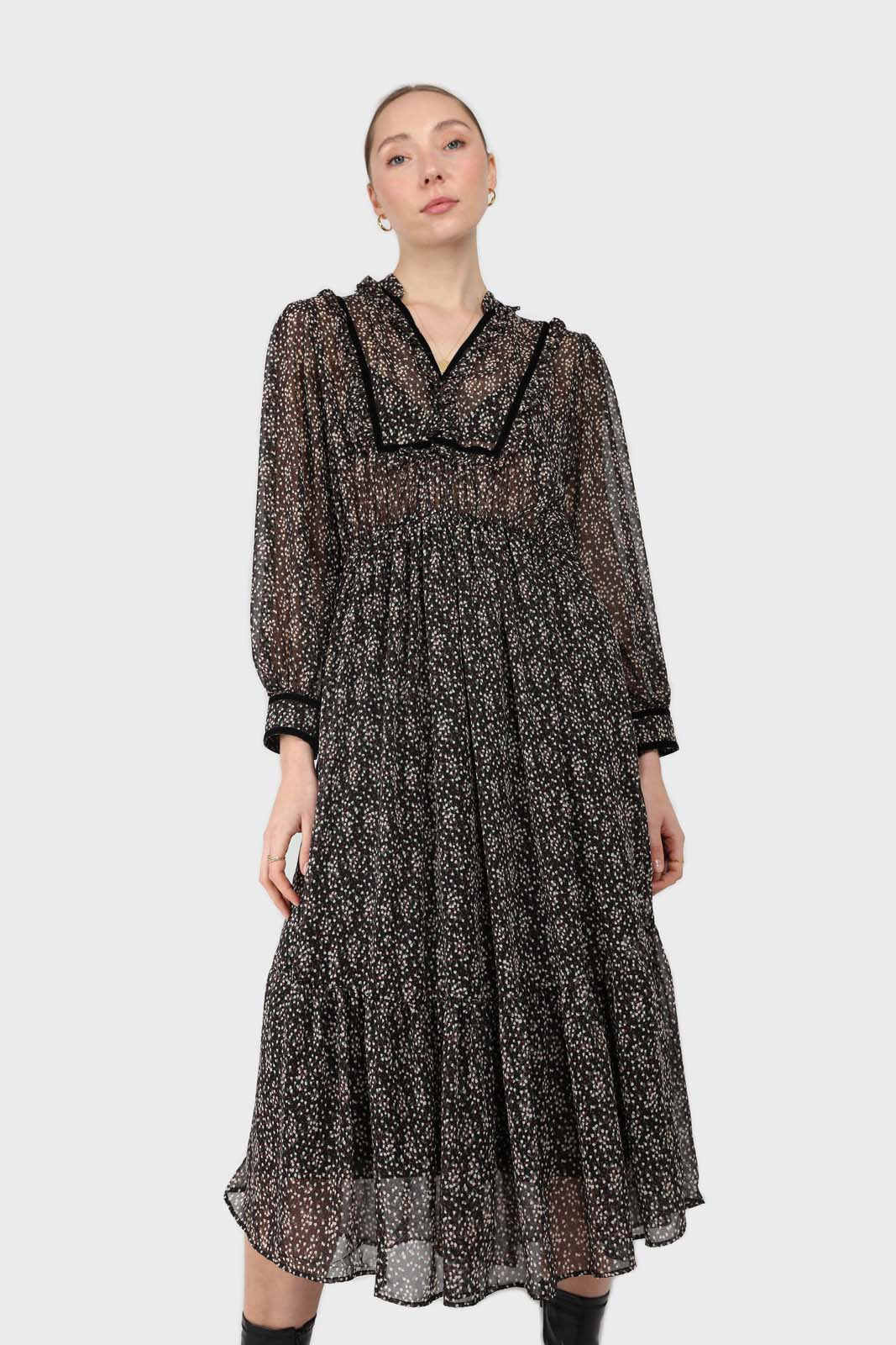 Black chiffon velvet trim floral maxi dress_3