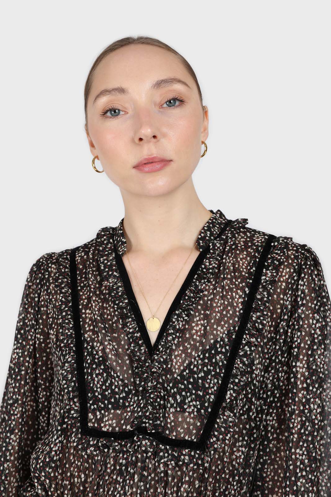 Black chiffon velvet trim floral maxi dress_6