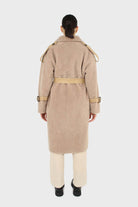 Beige vegan leather trim belted teddy coat_3