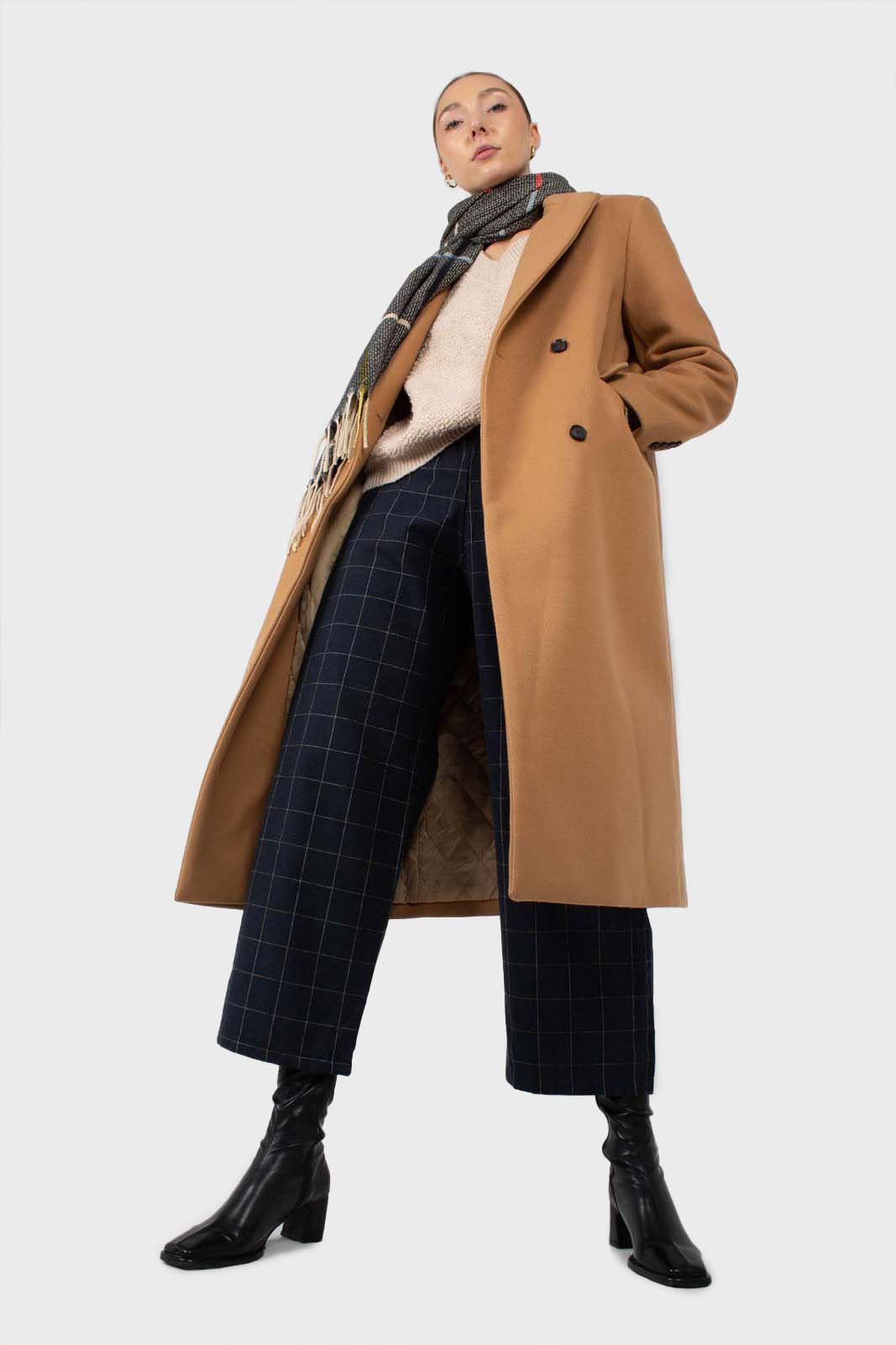 Camel double breasted wool belted long coat_7