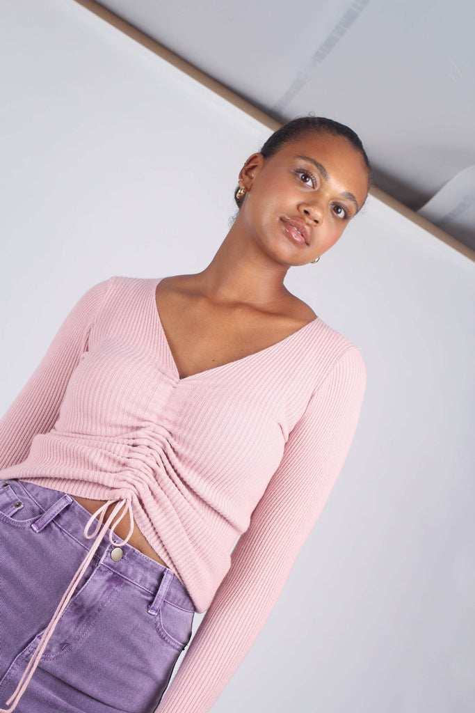Pink pull front ribbed knit top_3