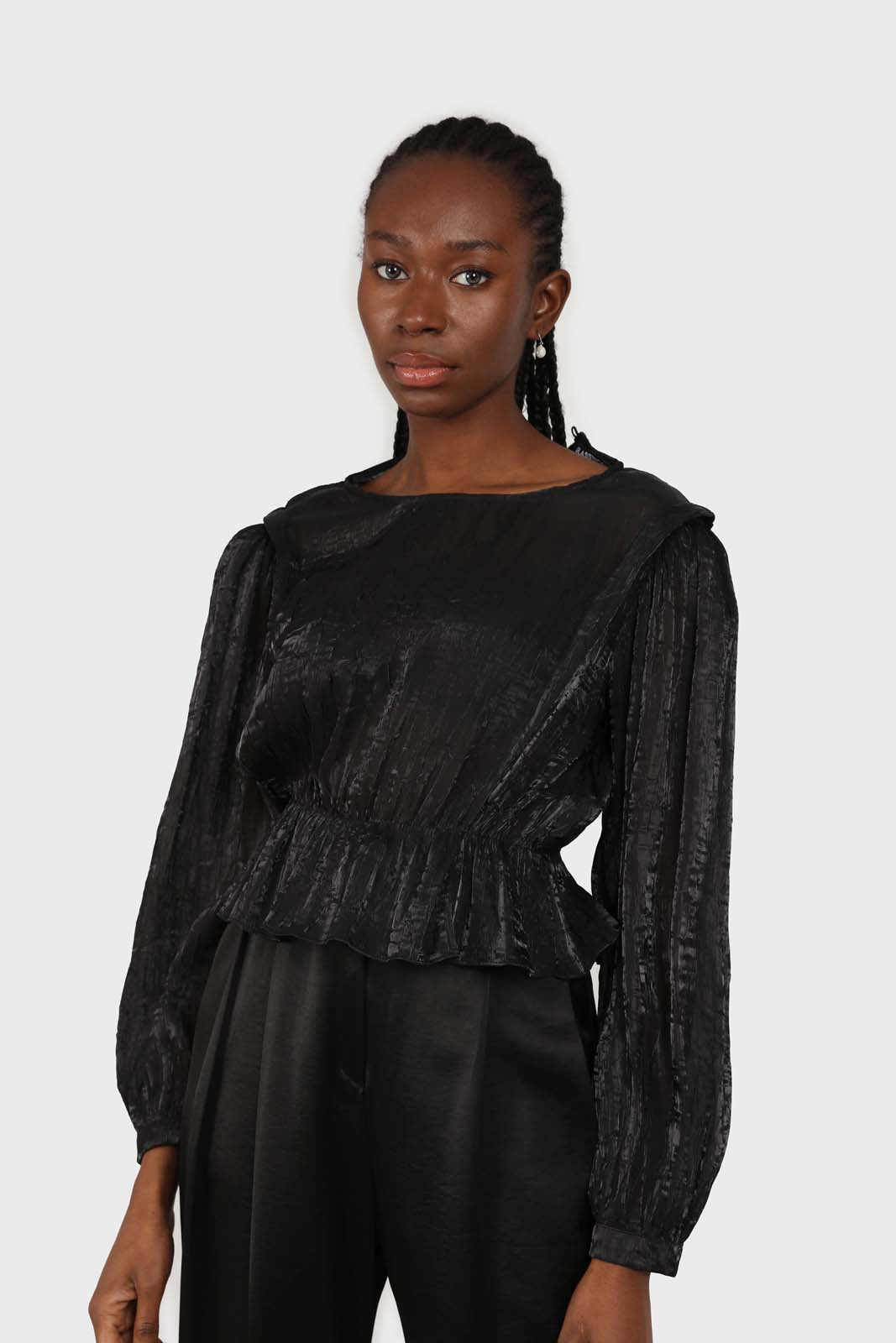 Black glossy sheer puff sleeve blouse_3
