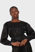 Black glossy sheer puff sleeve blouse_1