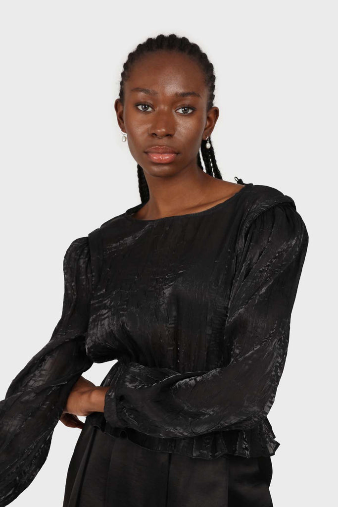 Black glossy sheer puff sleeve blouse_5