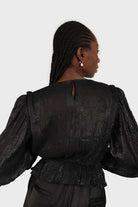 Black glossy sheer puff sleeve blouse_2